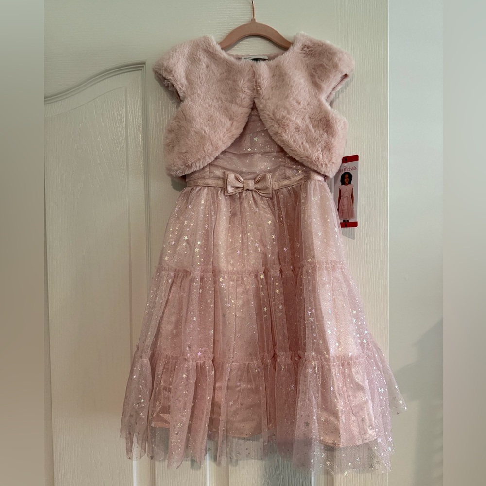 Girls Sparkle Pink Tulle Dress with Faux Fur Bolero